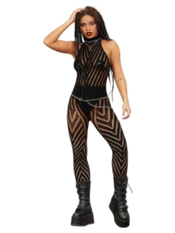 Fun Place Fever Sleeveless V Striped Bodystocking Black