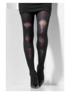 Fun Place Opaque Tights - Black With Distressed Detail Cosplay