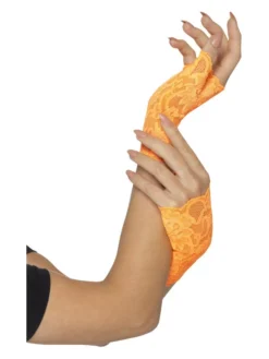 Fun Place Decades & Eras 80s Fingerless Lace Gloves, Short, Neon Orange