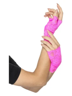 Fun Place 80s Fingerless Lace Gloves, Neon Pink